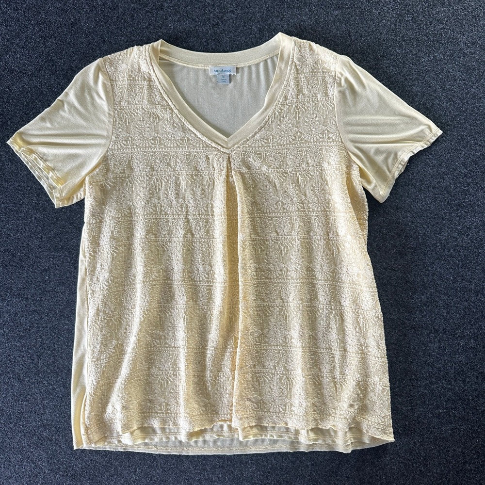 Sundance Womens Yellow Silk‎ Embroidered V-Neck Short Sleeve Top Size M Lace